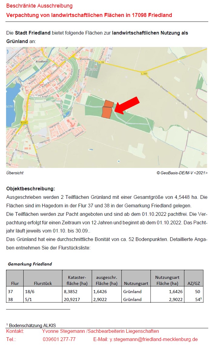 Ausschreibung Landwirtschaftliche Flächen 20220412 Hagedorn